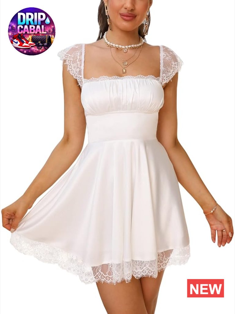 Women's Satin Square Neck Lace Strap Mini A-Line Ruffle Swing Dress